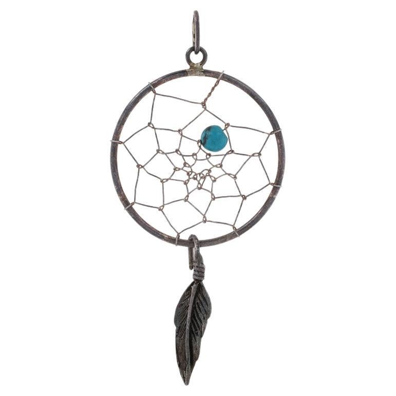 Sterling Silver Turquoise Dream Catcher Southwestern Pendant - 925 For Sale