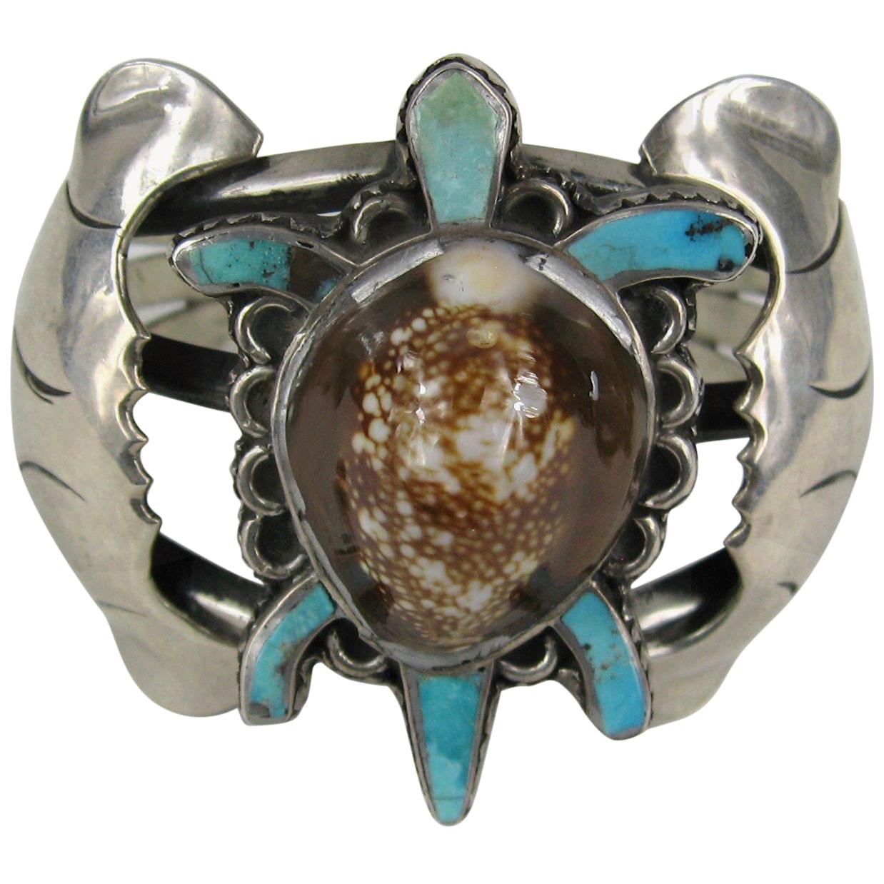 Sterling Silver Turquoise E.A. Zunie Pawn Turtle Shell Bracelet Native American 