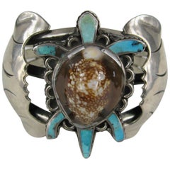 Sterling Silver Turquoise E.A. Zunie Pawn Turtle Shell Bracelet Native American
