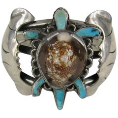 Vintage Sterling Silver Turquoise E.A. Zunie Pawn Turtle Shell Bracelet Native American 