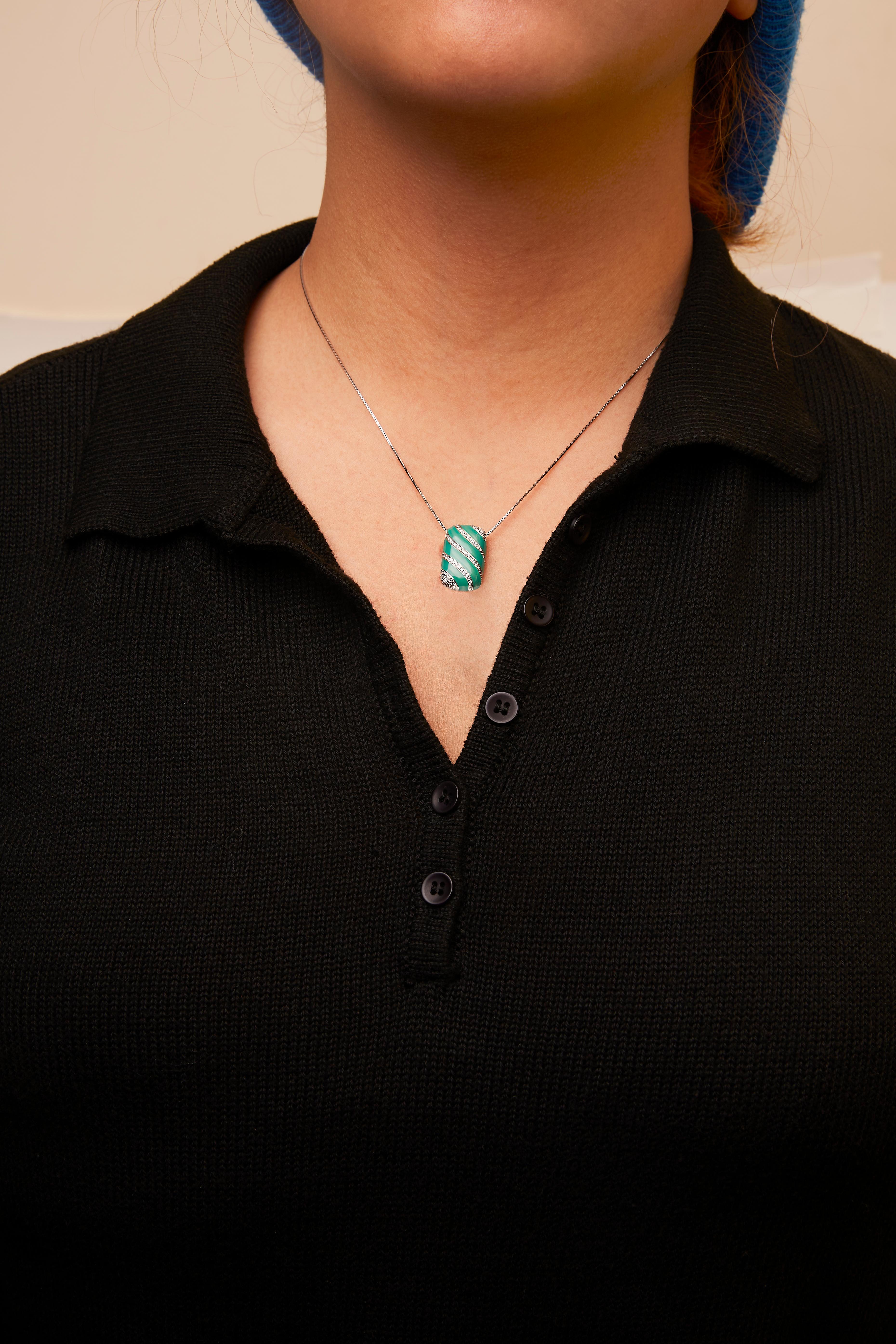 Sterling Silver Turquoise Enamel and 1/2 Carat Diamond Block Pendant Necklace In New Condition For Sale In New York, NY