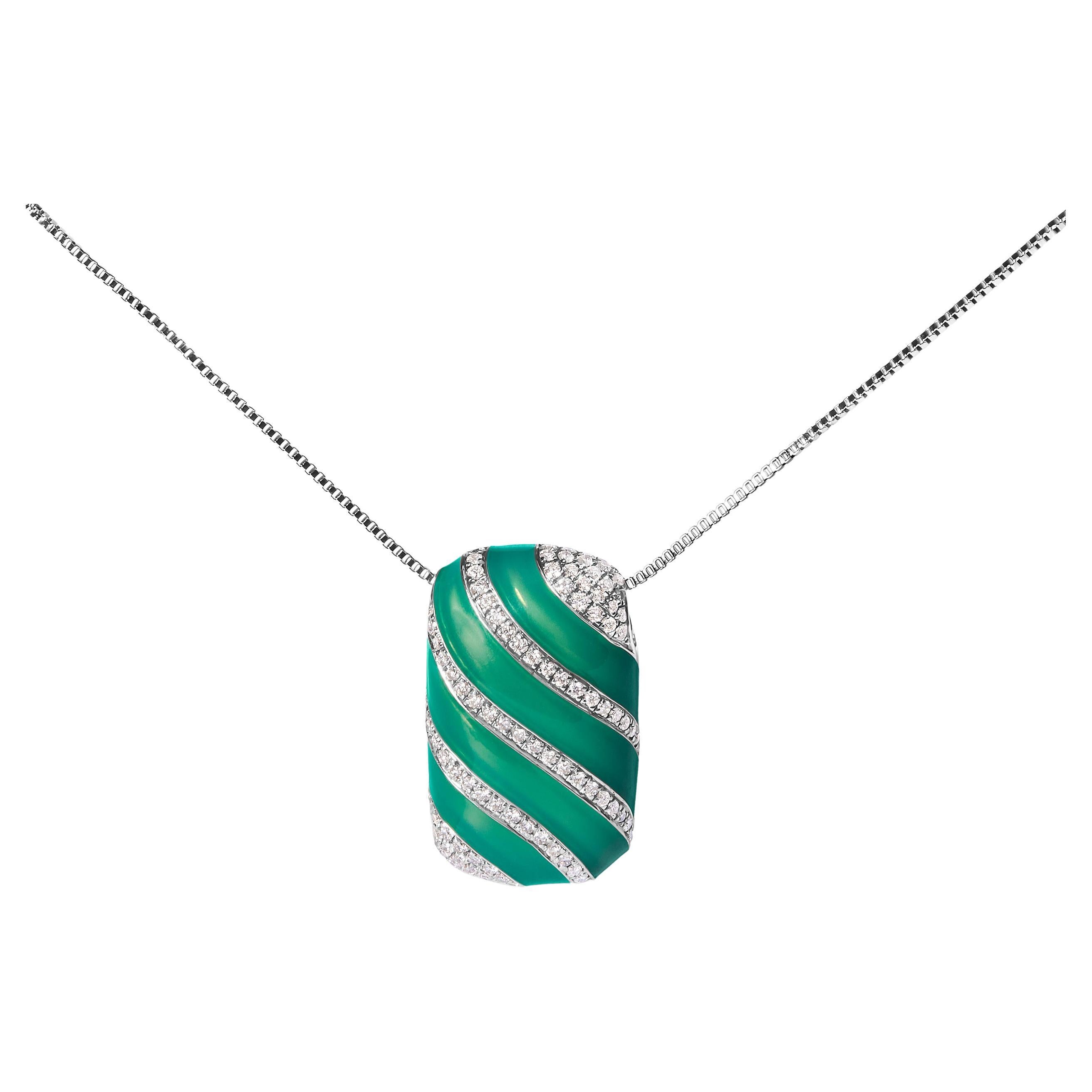 Sterling Silver Turquoise Enamel and 1/2 Carat Diamond Block Pendant Necklace For Sale