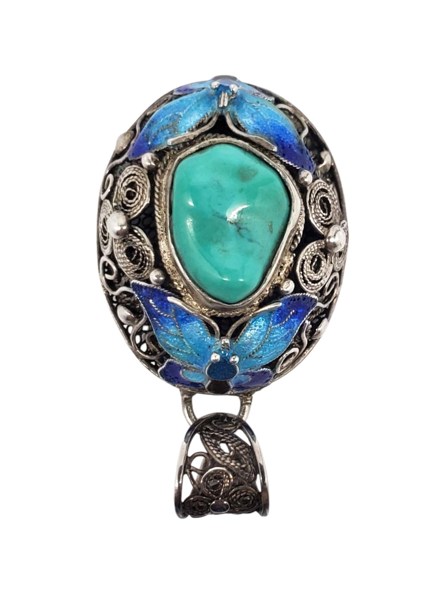 Cabochon Sterling Silver Turquoise & Enamel Pendant Butterfly #21287
