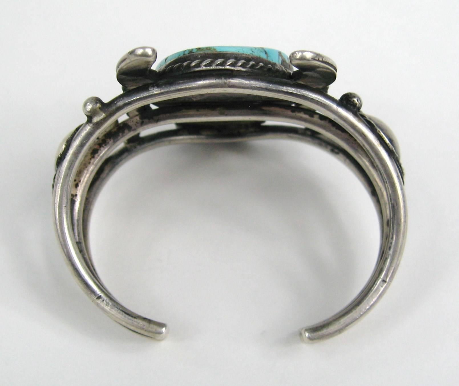 Tumbled Sterling Silver Turquoise FTHI Navajo American Indian buffalo cuff Bracelet  For Sale