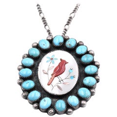 Sterling Silver Turquoise, Mother of Pearl, and Coral Brooch Necklace