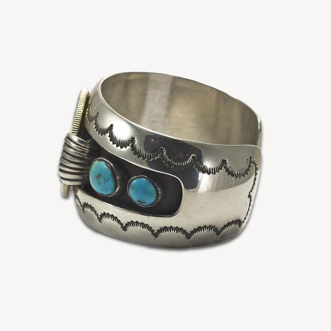 Sterling Silver Turquoise Native American Cuff Bracelet In Excellent Condition For Sale In Laguna Beach, CA
