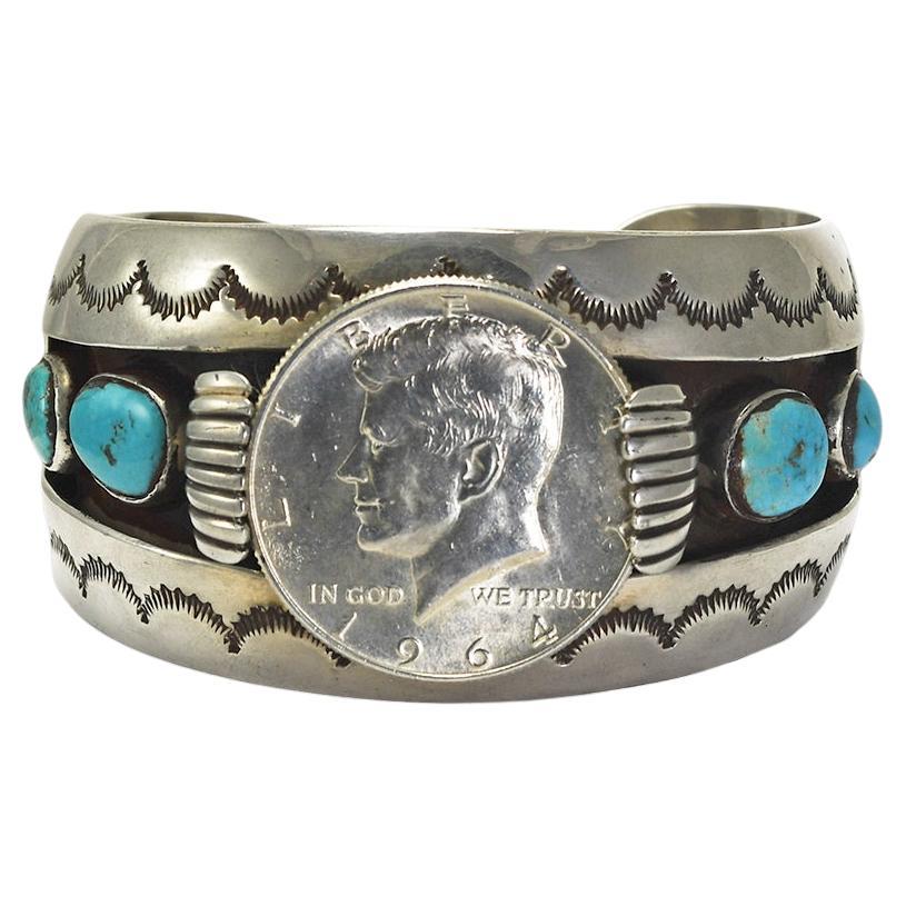 Sterling Silver Turquoise Native American Cuff Bracelet For Sale