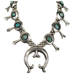 Vintage Sterling Silver Turquoise Navajo Squash Blossom Necklace Native American 
