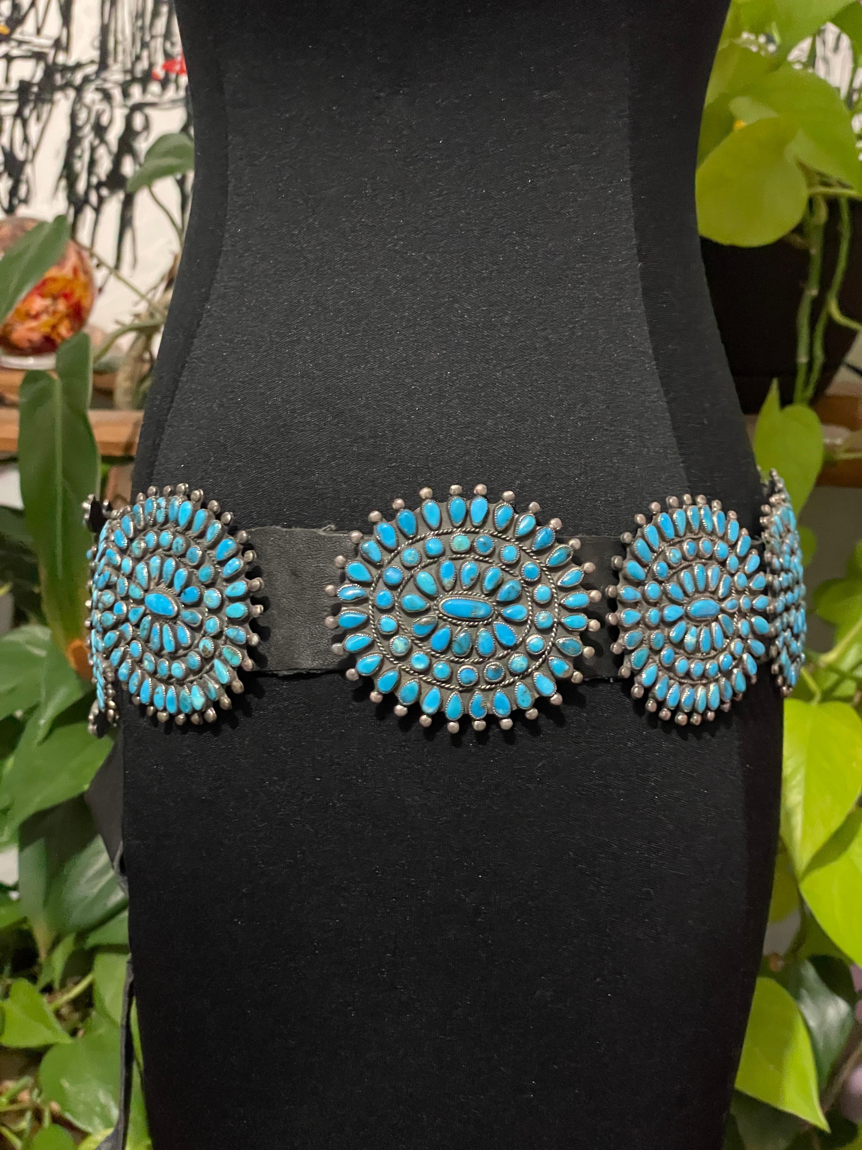 Sterling Silver turquoise Old Pawn petit point Concho belt VMB 4