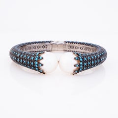 Bracelet à charnière en argent sterling avec perles, turquoise et onyx micro- Pav, années 1990