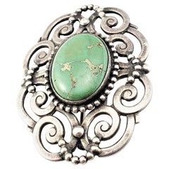 Sterling Silver Turquoise Open Work Scroll Brooch/Pin Sterling Silver Turquoise Open Work Scroll Brooch/Pin