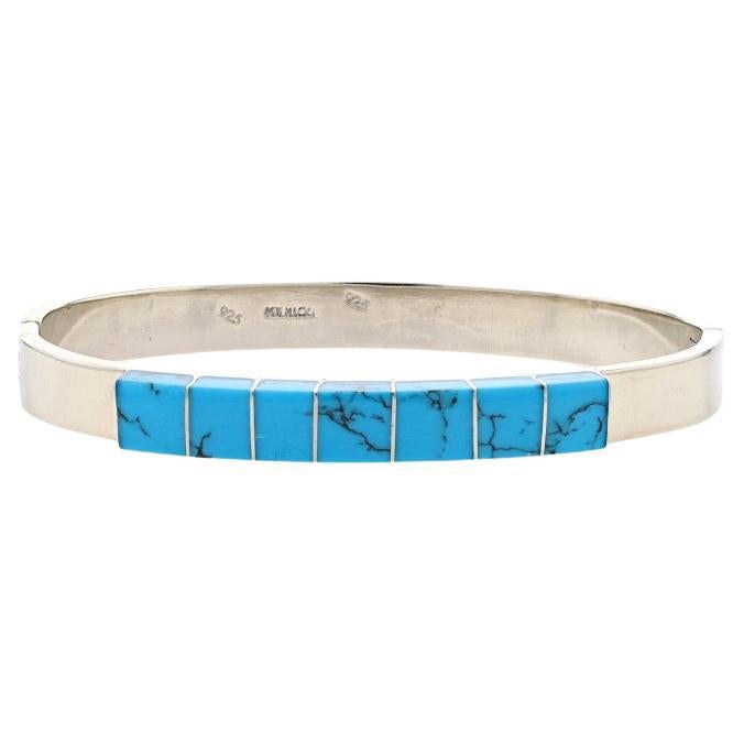Sterling Silver Turquoise Oval Bangle Bracelet 7" - 925 Seven-Stone