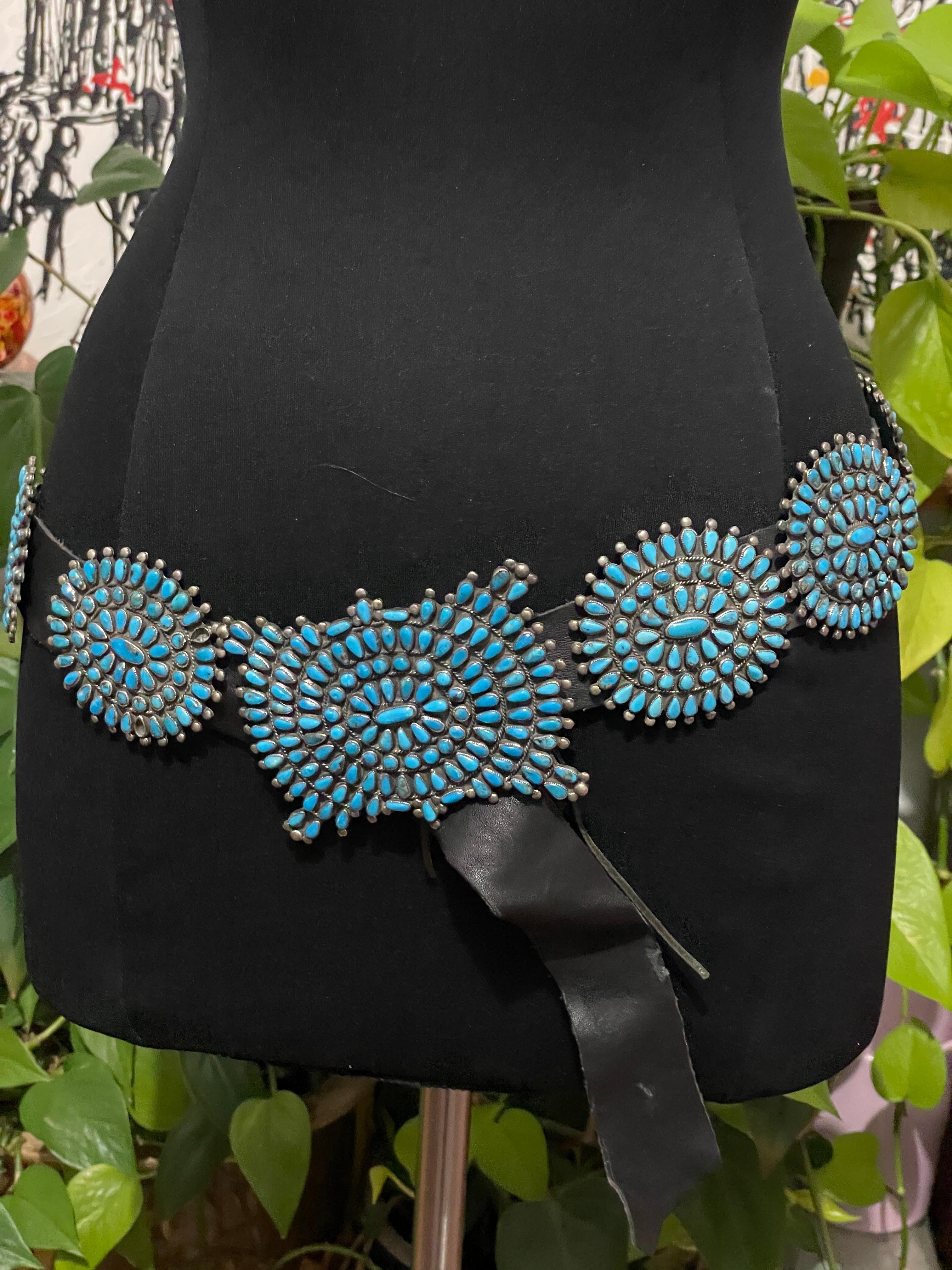 Sterling Silver Turquoise Petit Point Concho Belt Old Pawn V.M.B For Sale 6