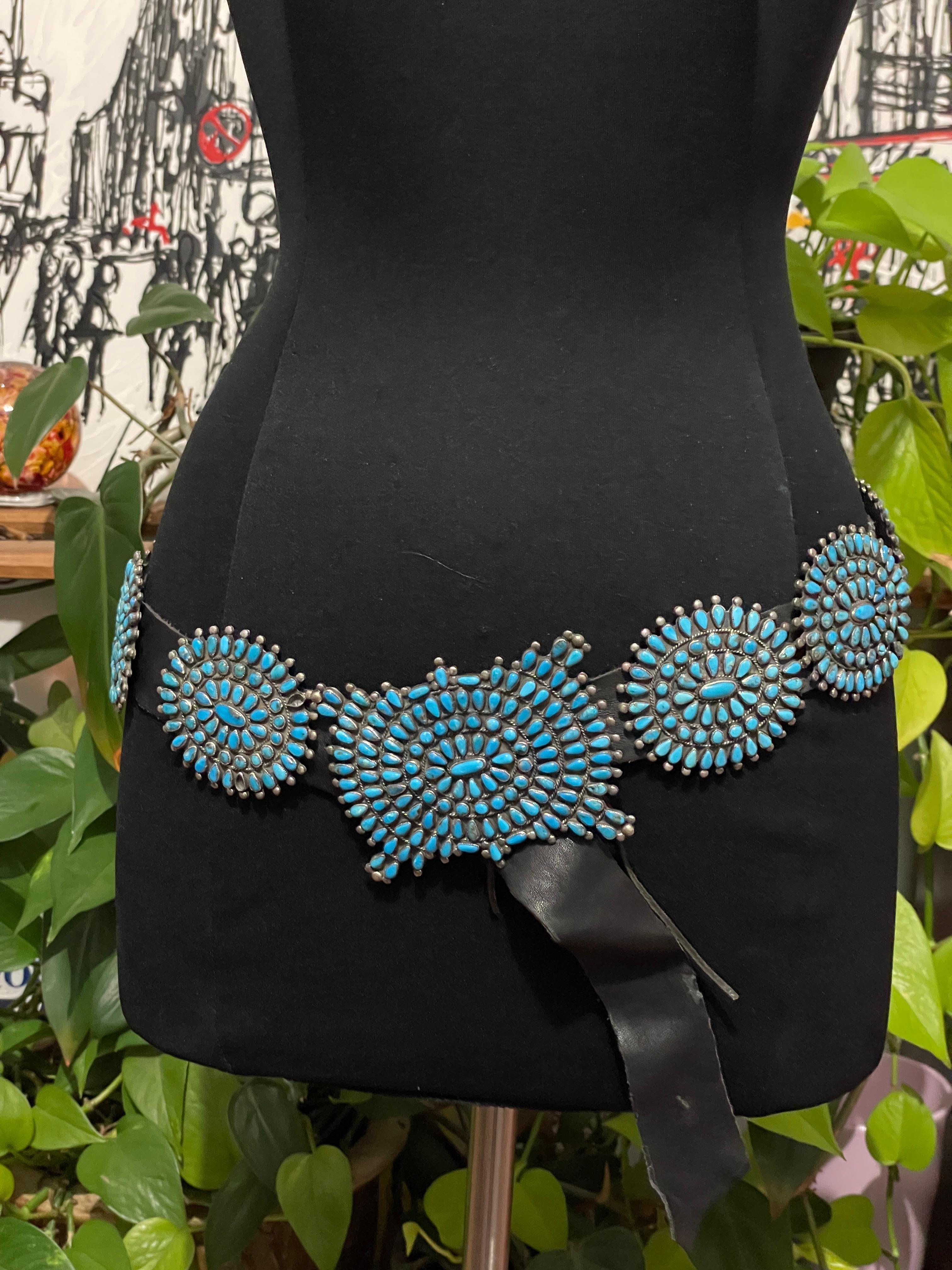 Massive Petit Point Sterling Silver Concho Belt 10 concho's and the belt buckle. This is a beautiful vintage Turquoise Petit Point belt made of the highest quality.  Hallmarked on the back of belt buckle. This is a show stopper!. Measures 41 in long