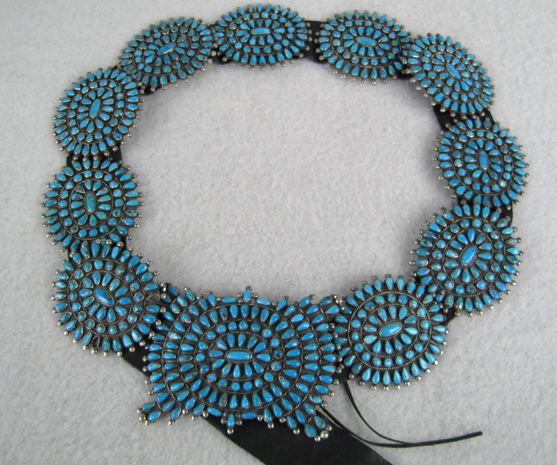 Black Sterling Silver Turquoise Petit Point Concho Belt Old Pawn V.M.B For Sale