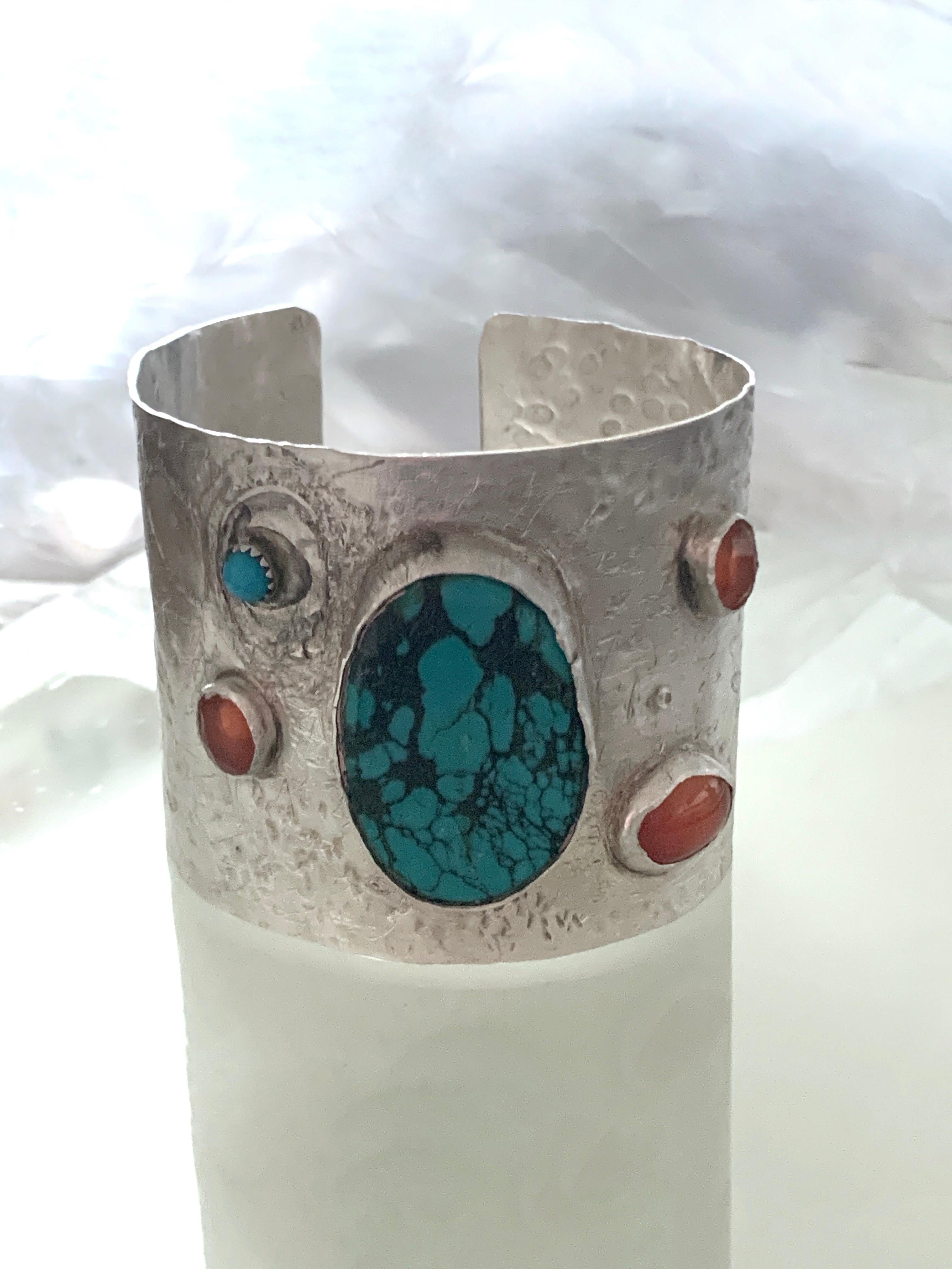 Sterling Silver wide cuff
Set With Turquoise & Citrine & Cubic Zirconia 
Fully Hallmarked 
Sterling Silver Lion passant mark, 925 , London Assay stamp , Lion Head, 
Makers CAZ W
Weight 57.61 grams
Max Wrist Fit 7 Inches.