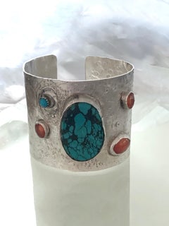 Sterling Silver Turquoise set Wide Cuff