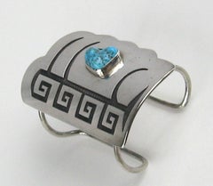 Sterling Silver Turquoise Shield Bracelet Cuff Hopi Old Pawn