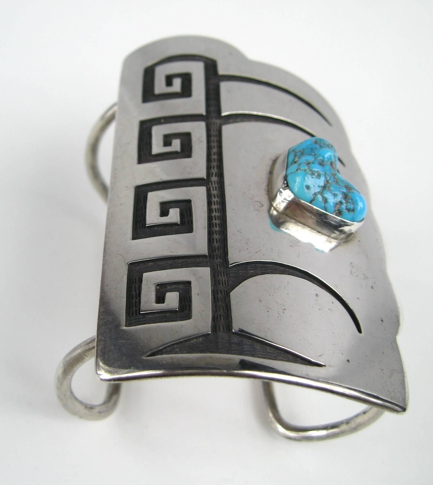 Native American  Sterling Silver Turquoise Shield Bracelet Cuff Hopi Old Pawn  For Sale