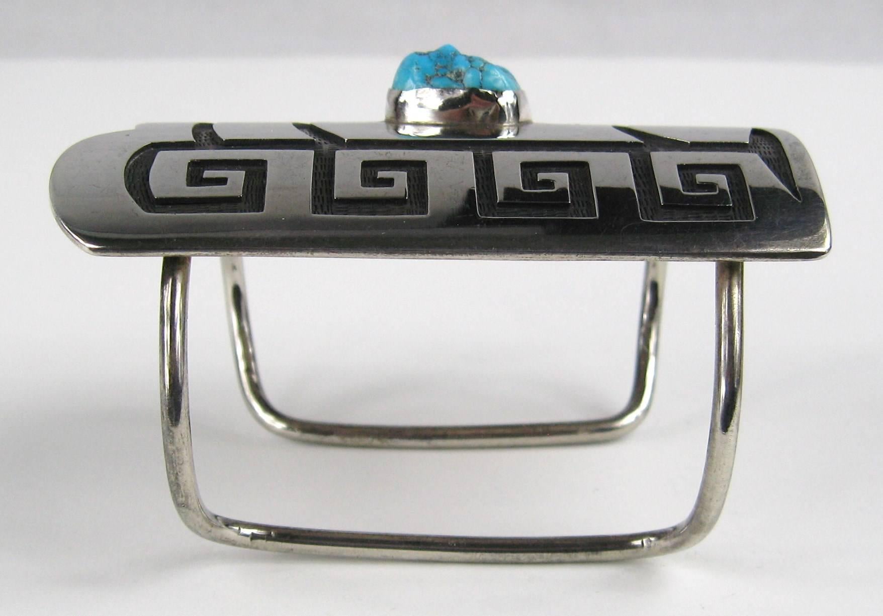 Women's or Men's  Sterling Silver Turquoise Shield Bracelet Cuff Hopi Old Pawn  For Sale