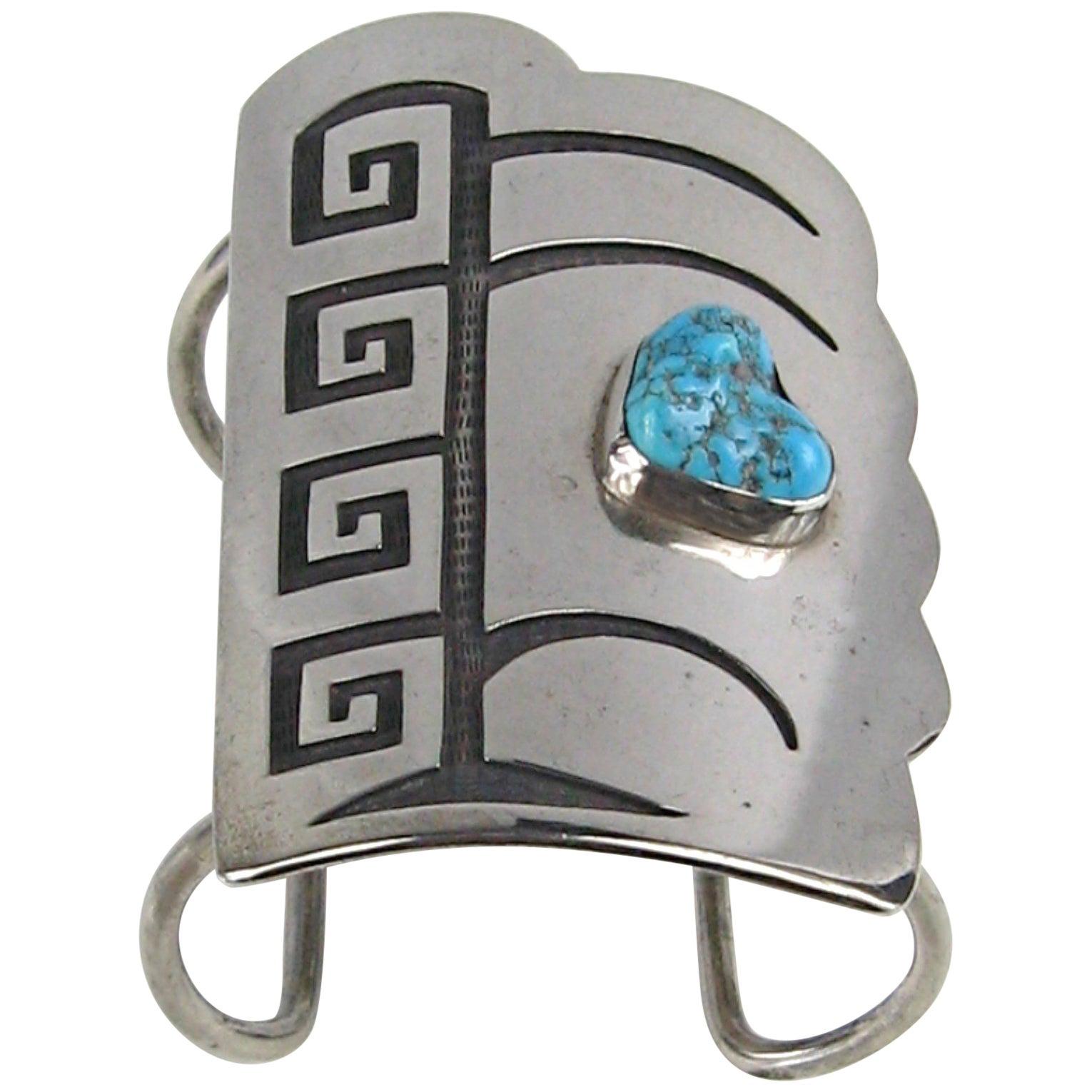  Sterling Silver Turquoise Shield Bracelet Cuff Hopi Old Pawn  For Sale