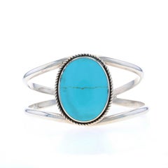 Sterling Silver Turquoise Solitaire Cuff Bracelet 6 1/2" -925 Rope Border Mexico