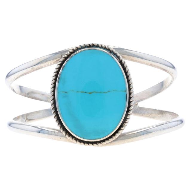 Sterling Silver Turquoise Solitaire Cuff Bracelet 6 1/2" -925 Rope Border Mexico