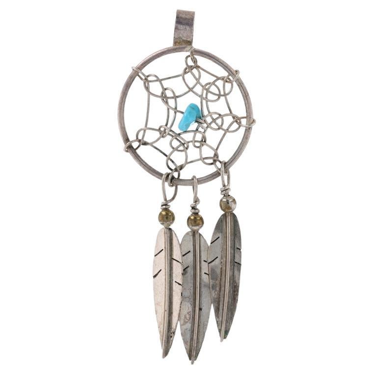 Sterling Silver Turquoise Southwestern Dream Catcher Pendant - 925 For Sale
