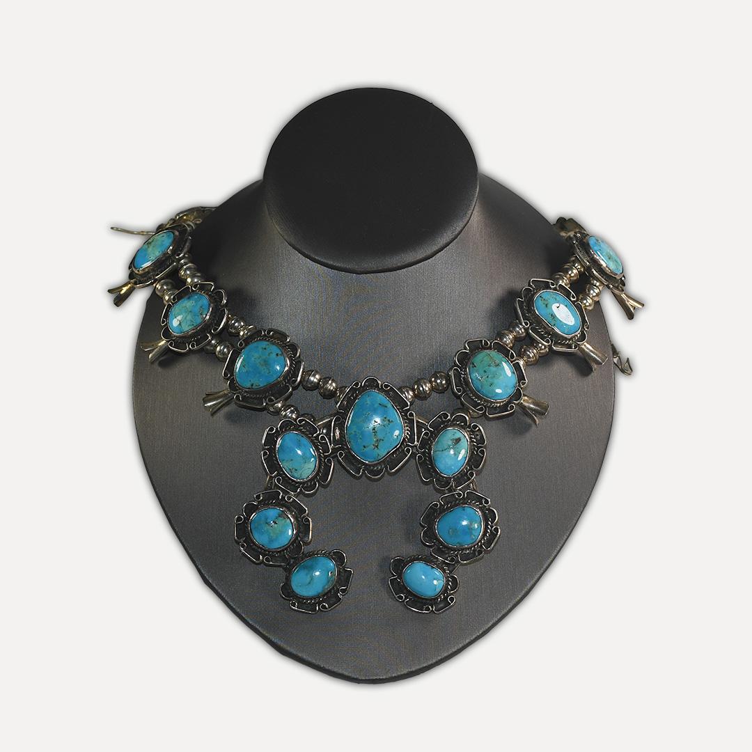 Uncut Sterling Silver & Turquoise Squash Blossom Necklace For Sale