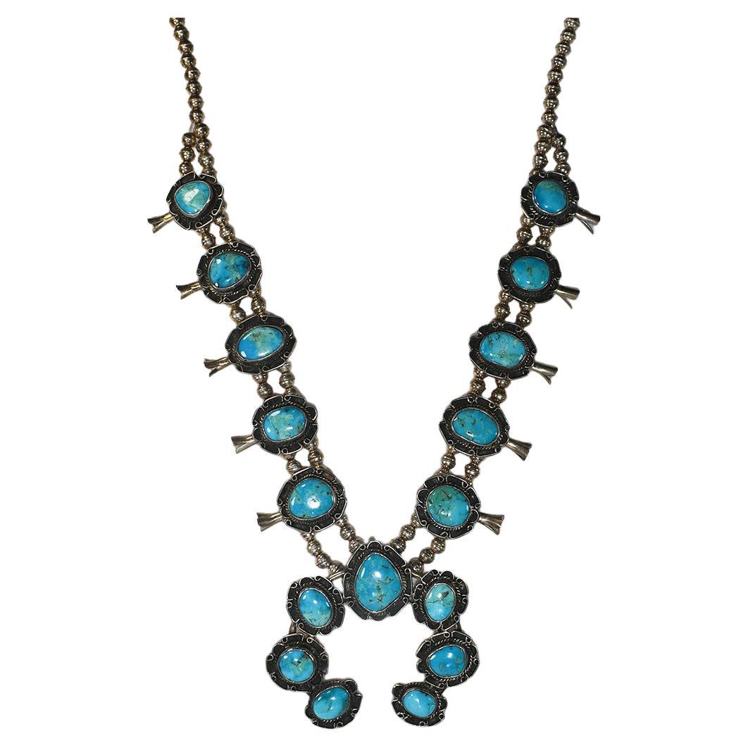 Sterling Silver & Turquoise Squash Blossom Necklace For Sale