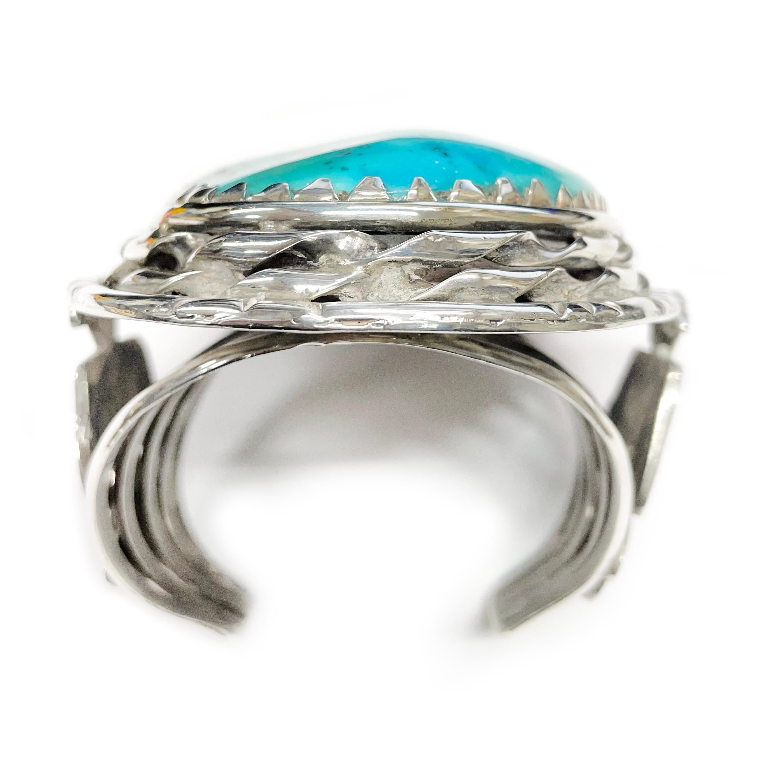 Native American Sterling Silver Turquoise Thunderbird Cuff Bracelet For Sale