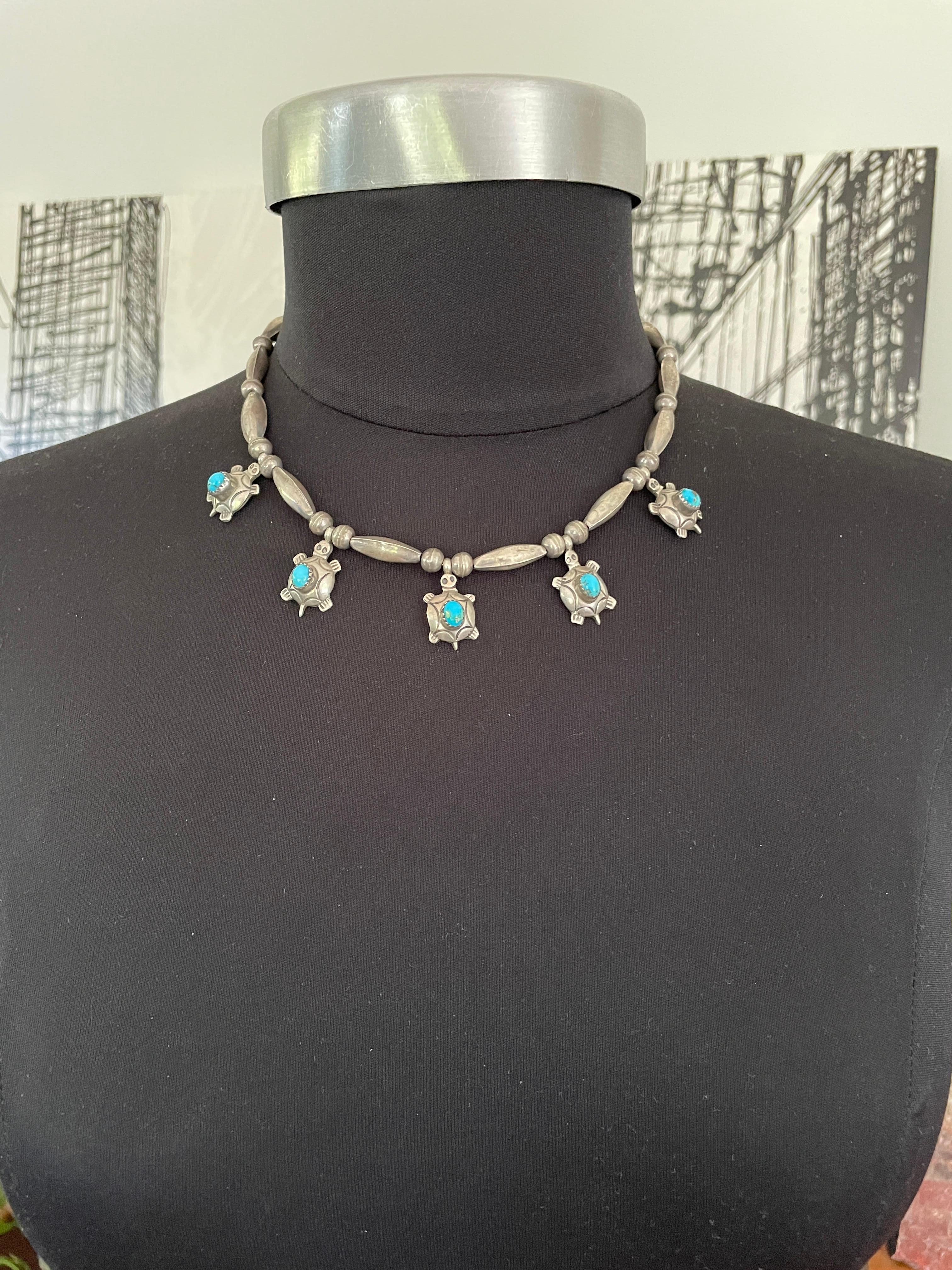 Fetisch-Halskette aus Sterlingsilber mit türkisfarbener Schildkröte, Old Pawn, amerikanische Ureinwohner im Angebot 5