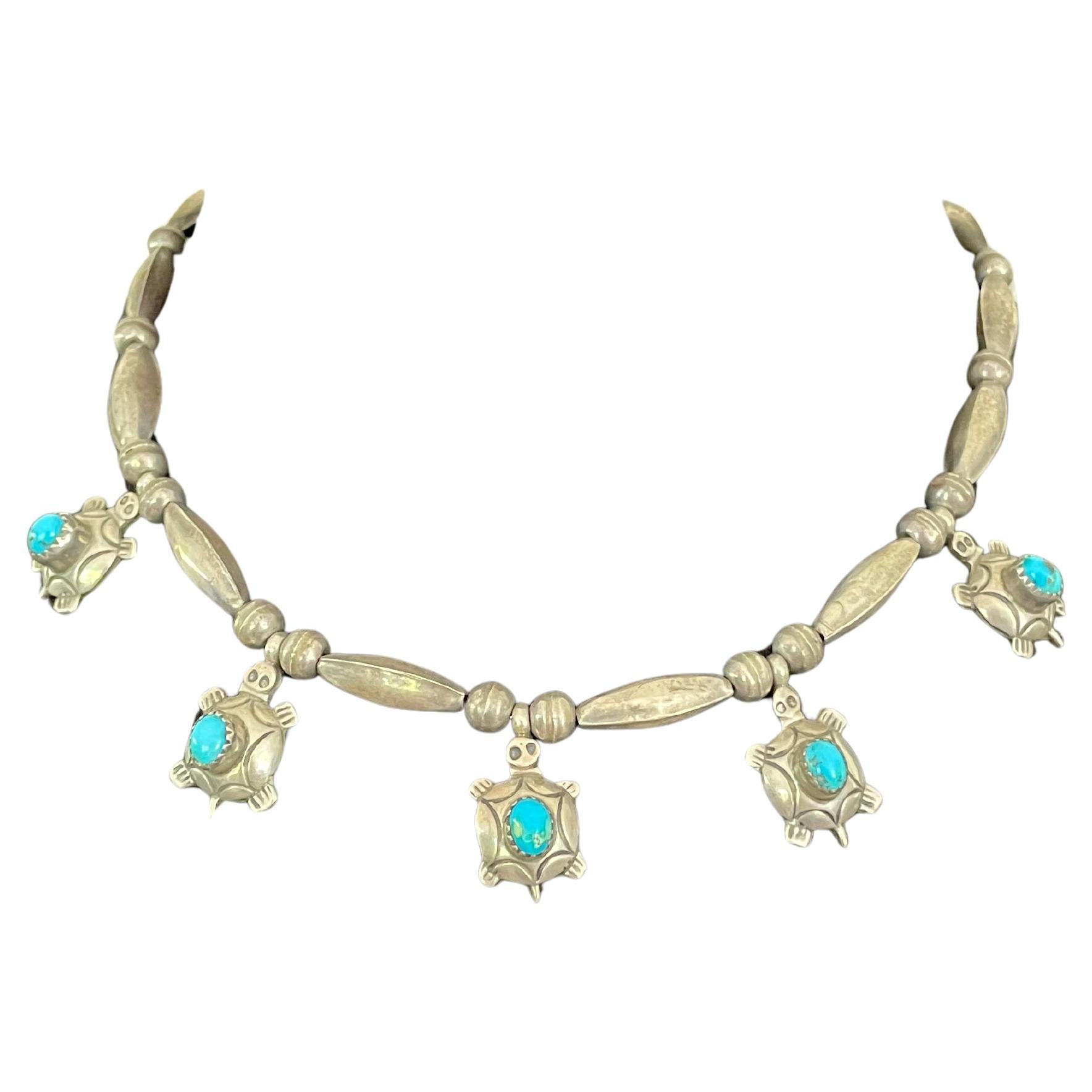 Fetisch-Halskette aus Sterlingsilber mit türkisfarbener Schildkröte, Old Pawn, amerikanische Ureinwohner im Angebot
