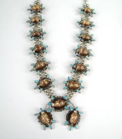 Sterling Silver Turquoise Turtle Squash Blossom Necklace E.A. Zunie Old Pawn