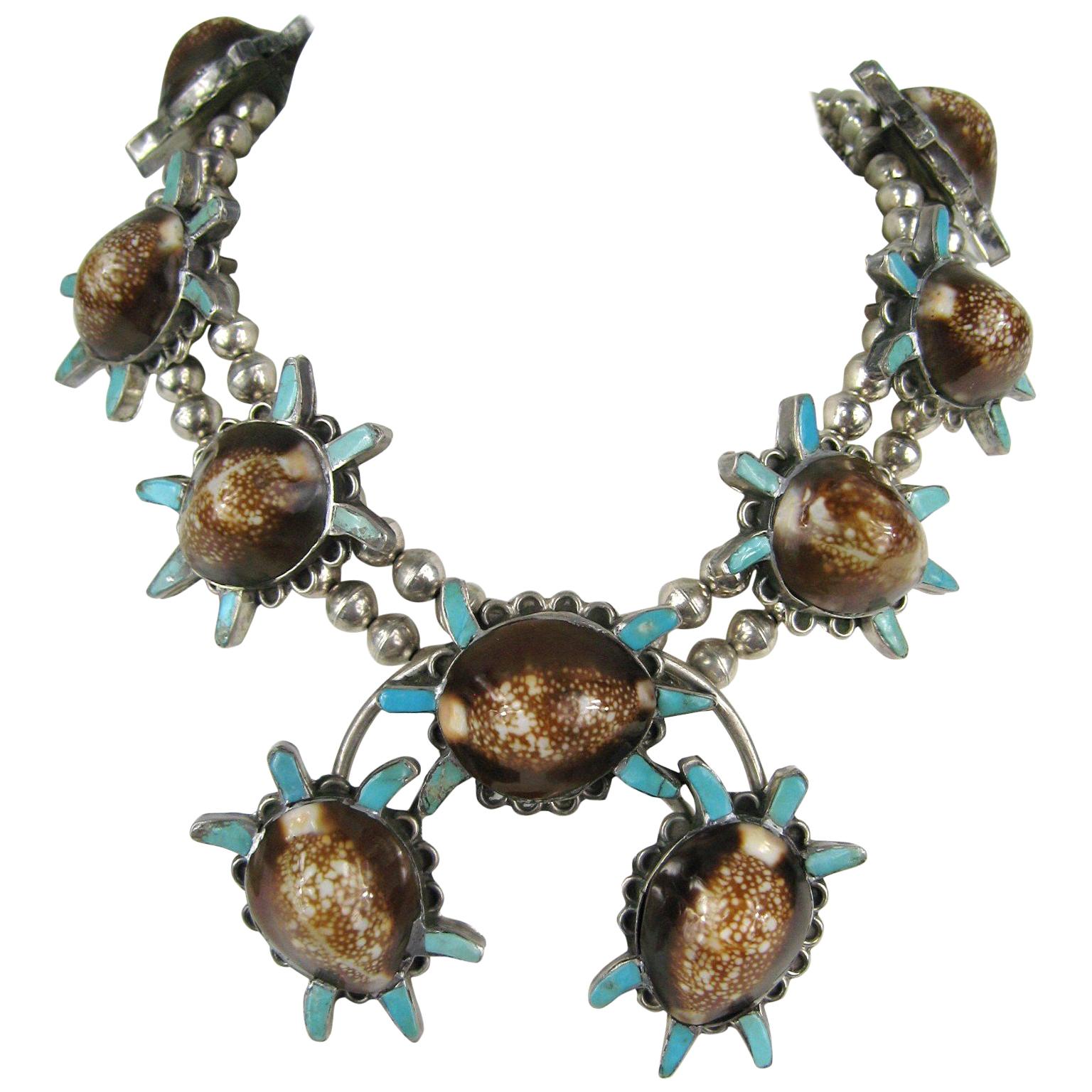Sterling Silver Turquoise Turtle Squash Blossom Necklace E.A. Zunie Old Pawn 