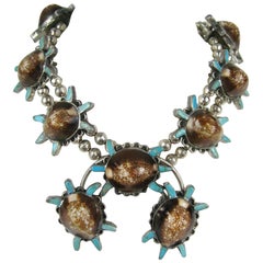 Sterling Silver Turquoise Turtle Squash Blossom Necklace E.A. Zunie Old Pawn