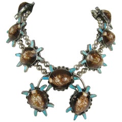 Vintage Sterling Silver Turquoise Turtle Squash Blossom Necklace E.A. Zunie Old Pawn 