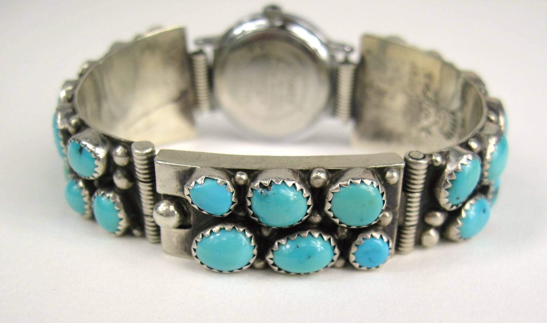 Amérindien Montre-bracelet Navajo amérindienne en argent sterling et turquoise en vente