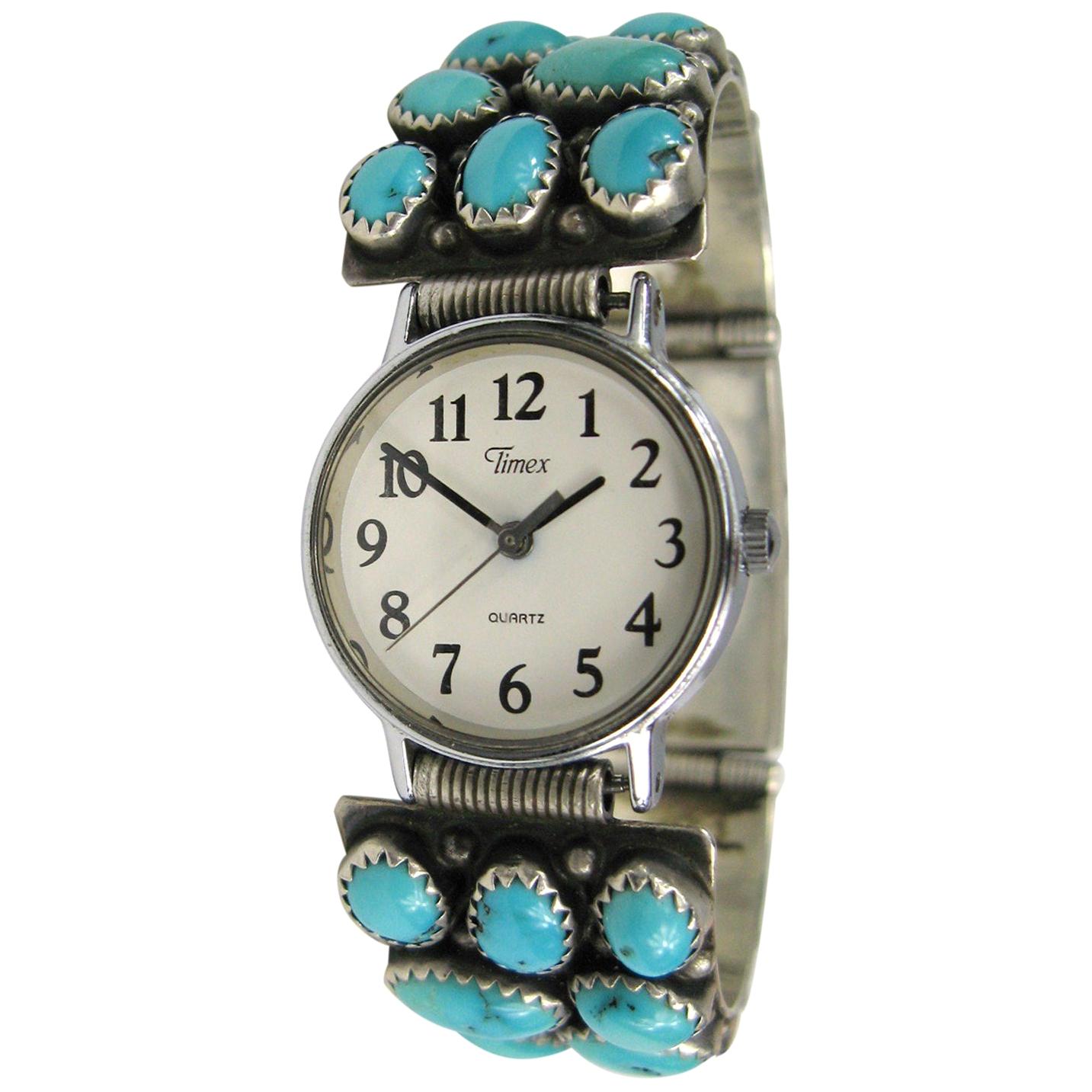 Montre-bracelet Navajo amérindienne en argent sterling et turquoise en vente