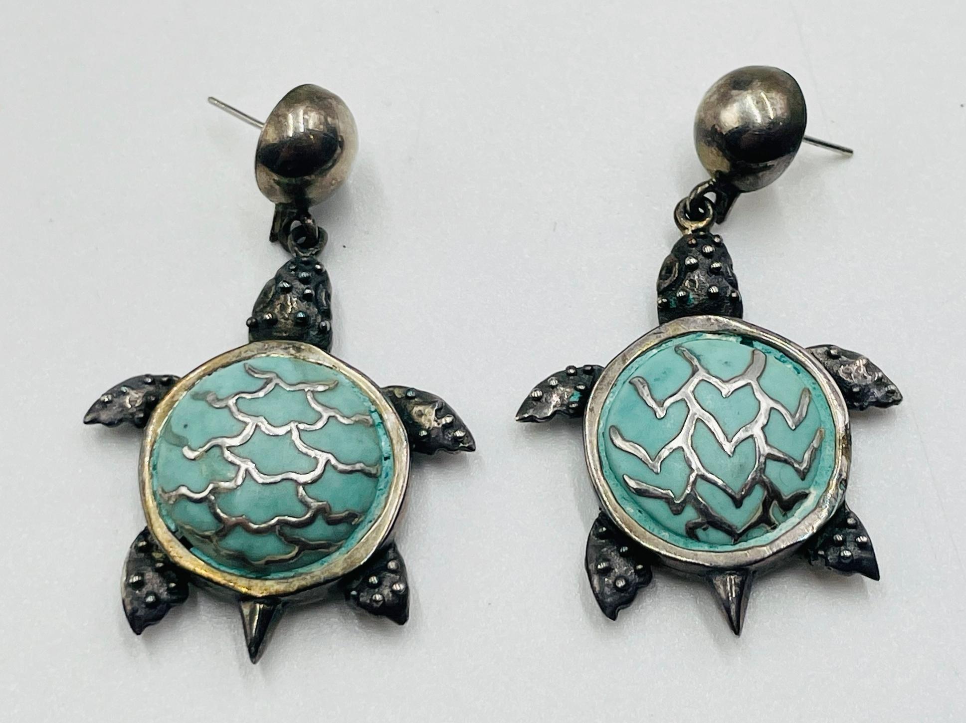 Fine XX secolo Orecchini a forma di tartaruga in argento di Emilia Castillo, Messico, firmati TO-85 in vendita