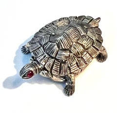 Sterling Silver Turtle Pill or Snuff Box with Ruby Eyes