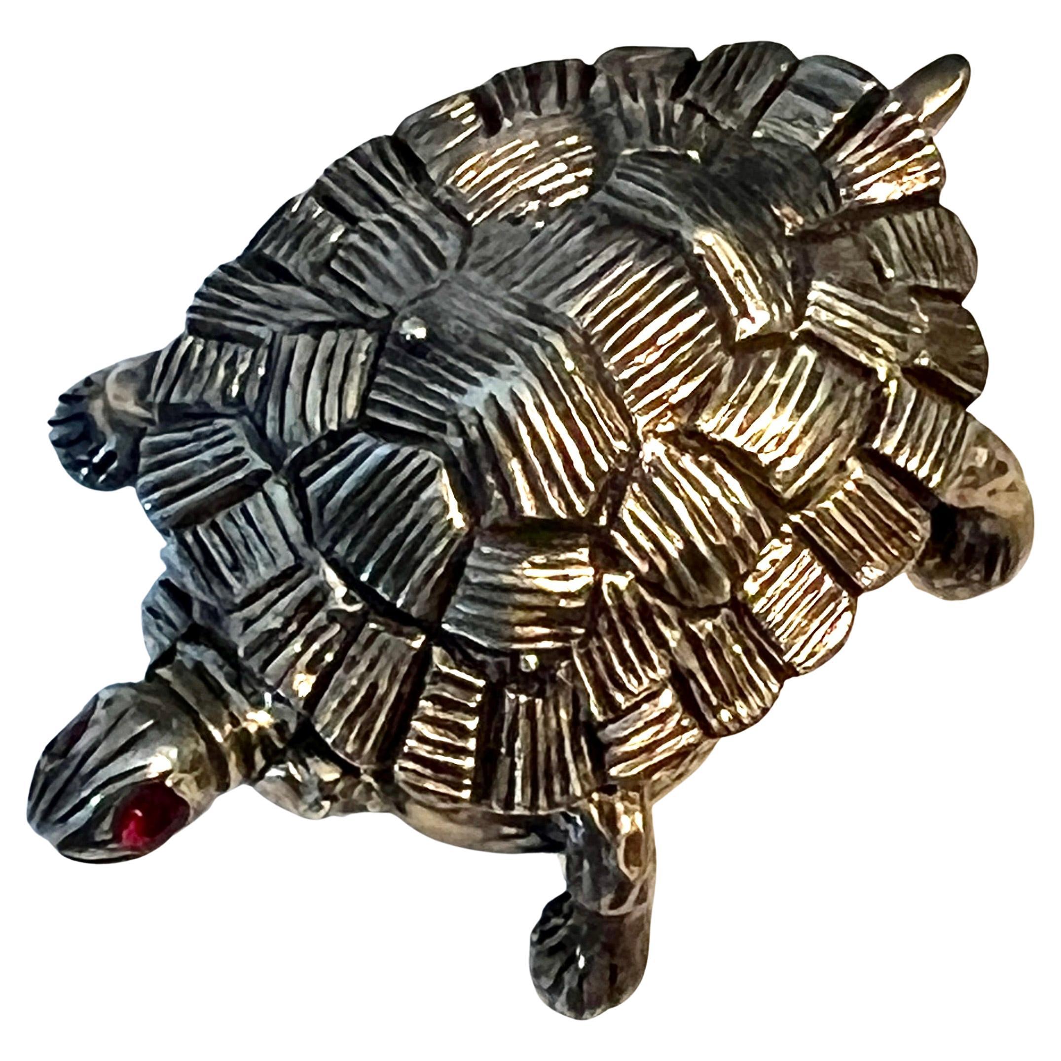 Sterling Silver Turtle Pill or Snuff Box with Ruby Eyes For Sale