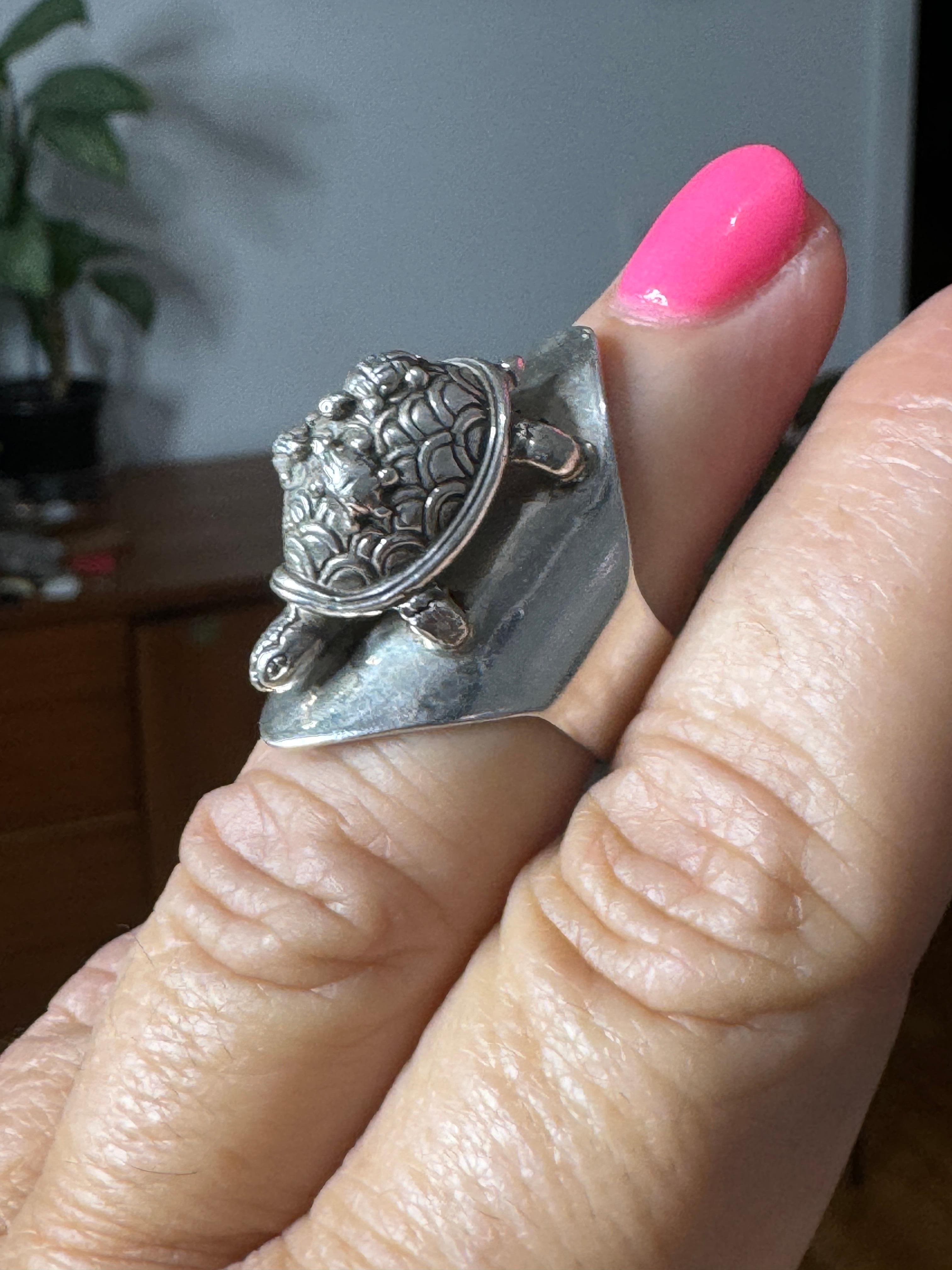 Sterling Silber Schildkröte Ring Carol Felley Cuff Malachit 1990 im Angebot 7