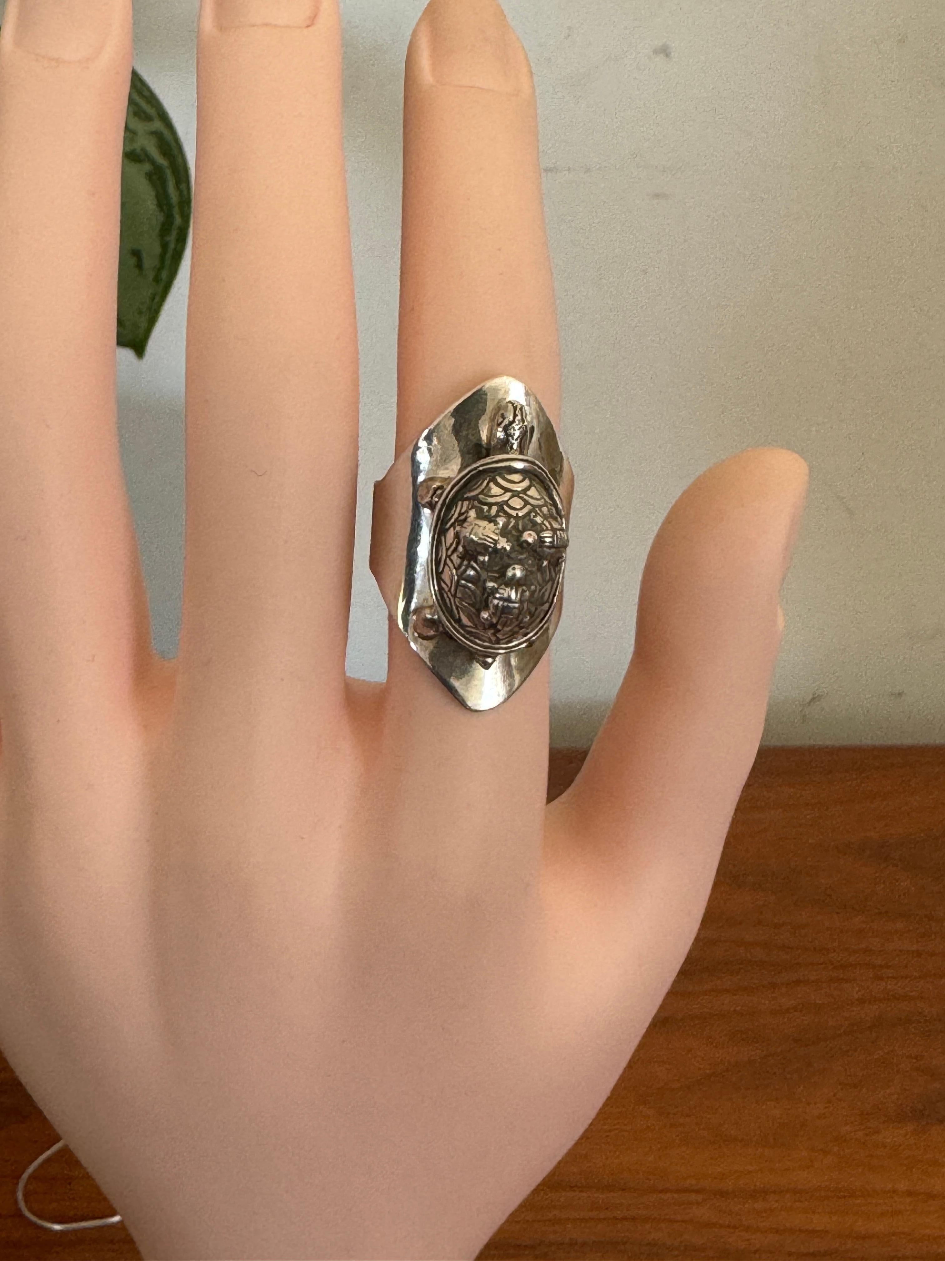 Sterling Silber Schildkröte Ring Carol Felley Cuff Malachit 1990 im Angebot 8