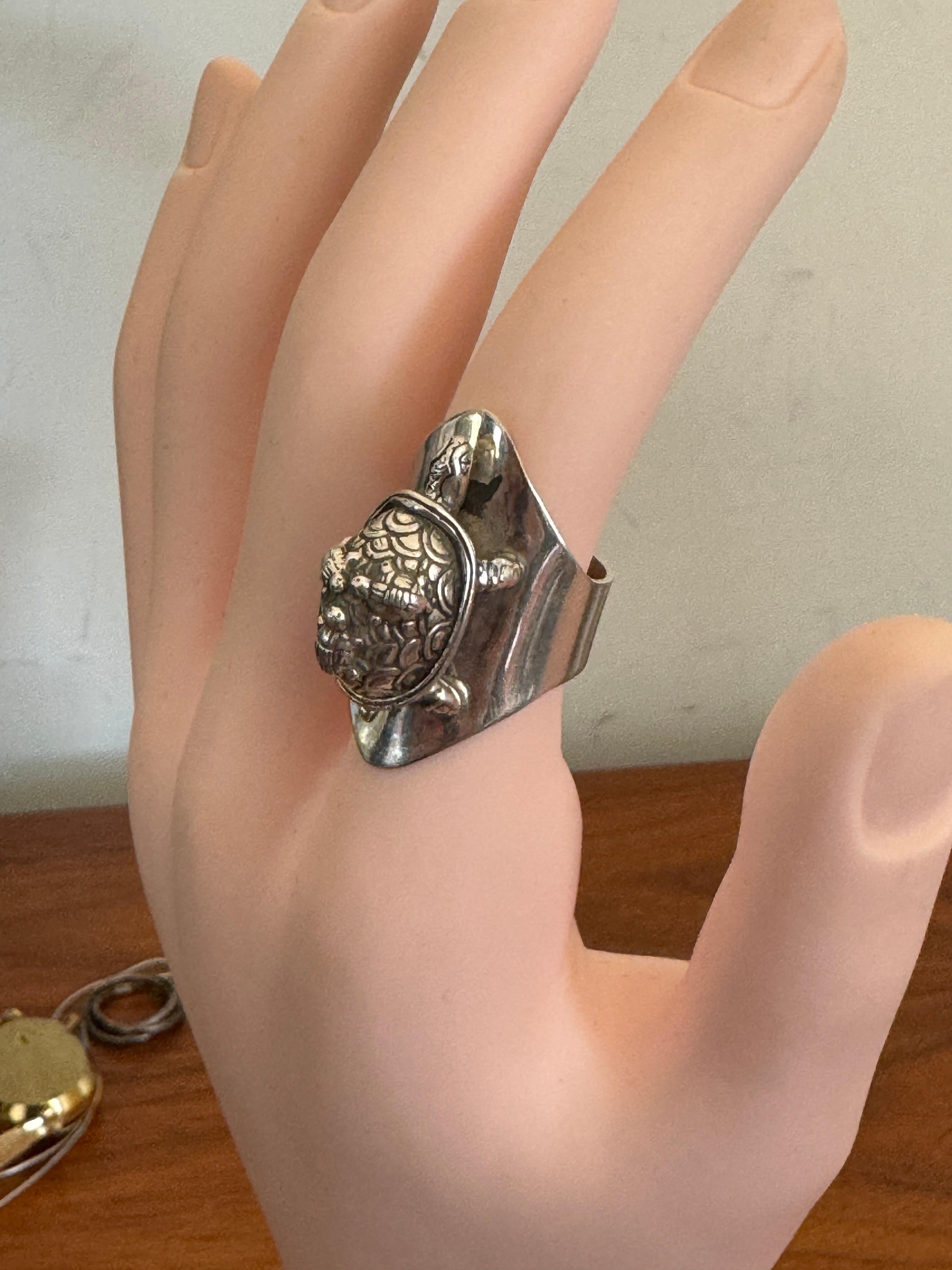 Sterling Silber Schildkröte Ring Carol Felley Cuff Malachit 1990 im Angebot 9