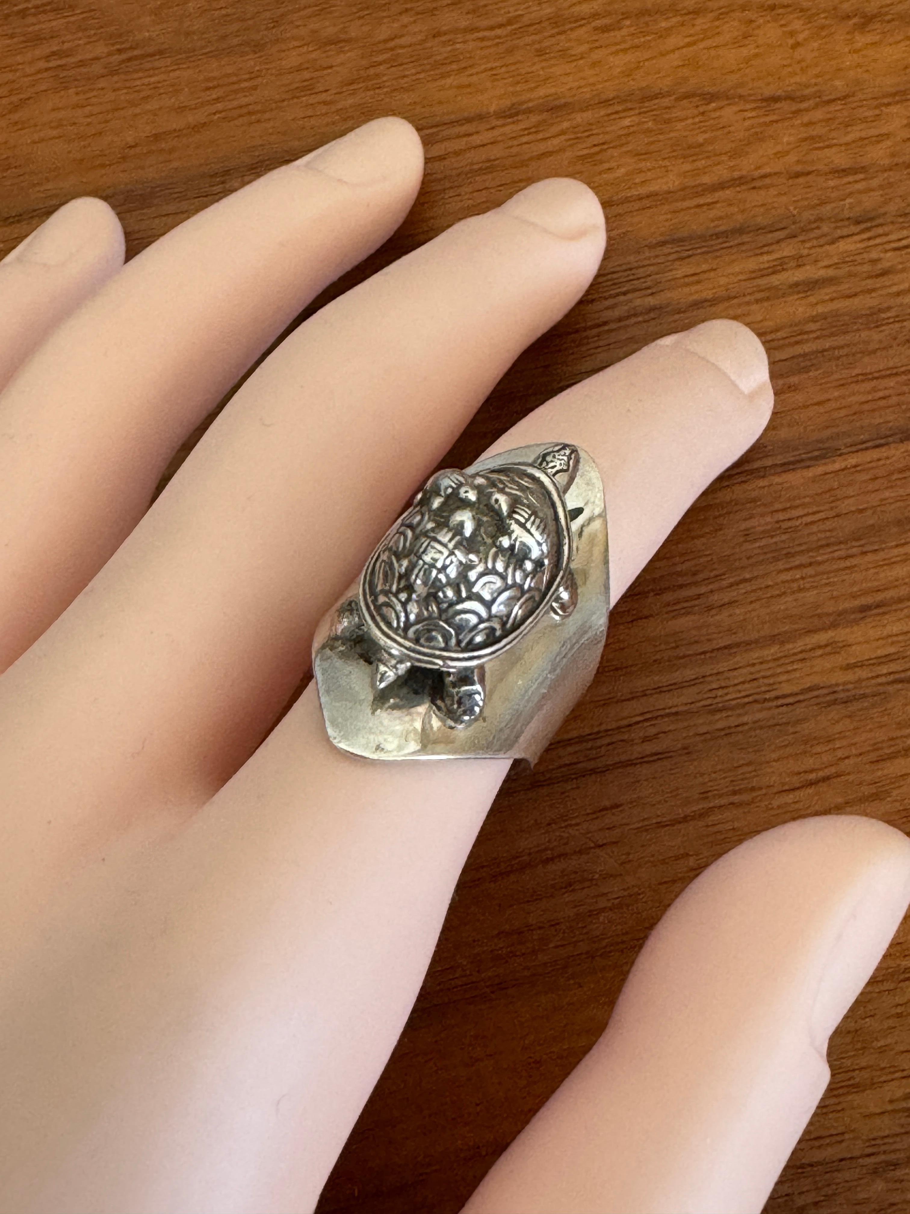 Sterling Silber Schildkröte Ring Carol Felley Cuff Malachit 1990 im Angebot 10