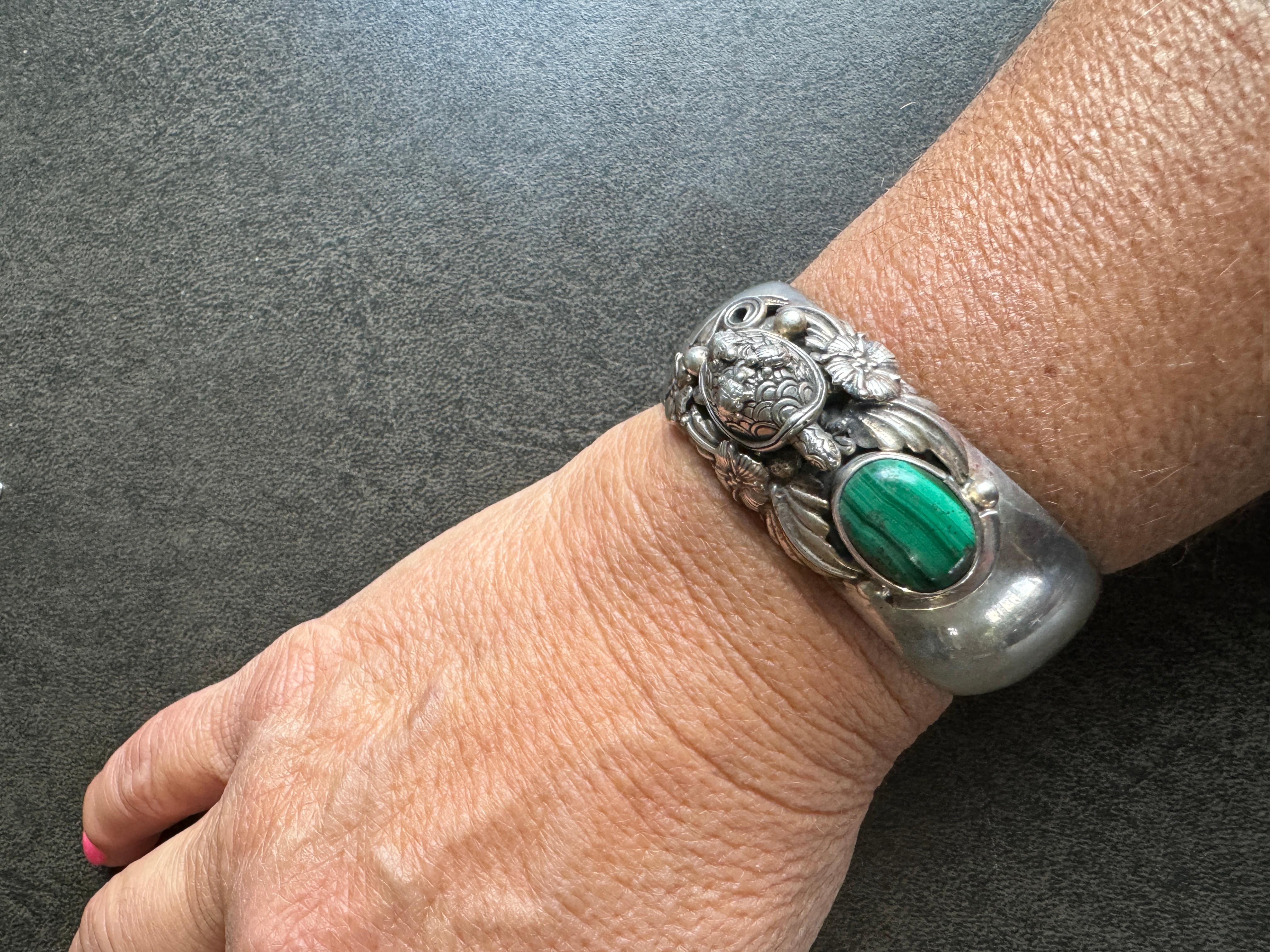 Sterling Silber Schildkröte Ring Carol Felley Cuff Malachit 1990 im Angebot 11