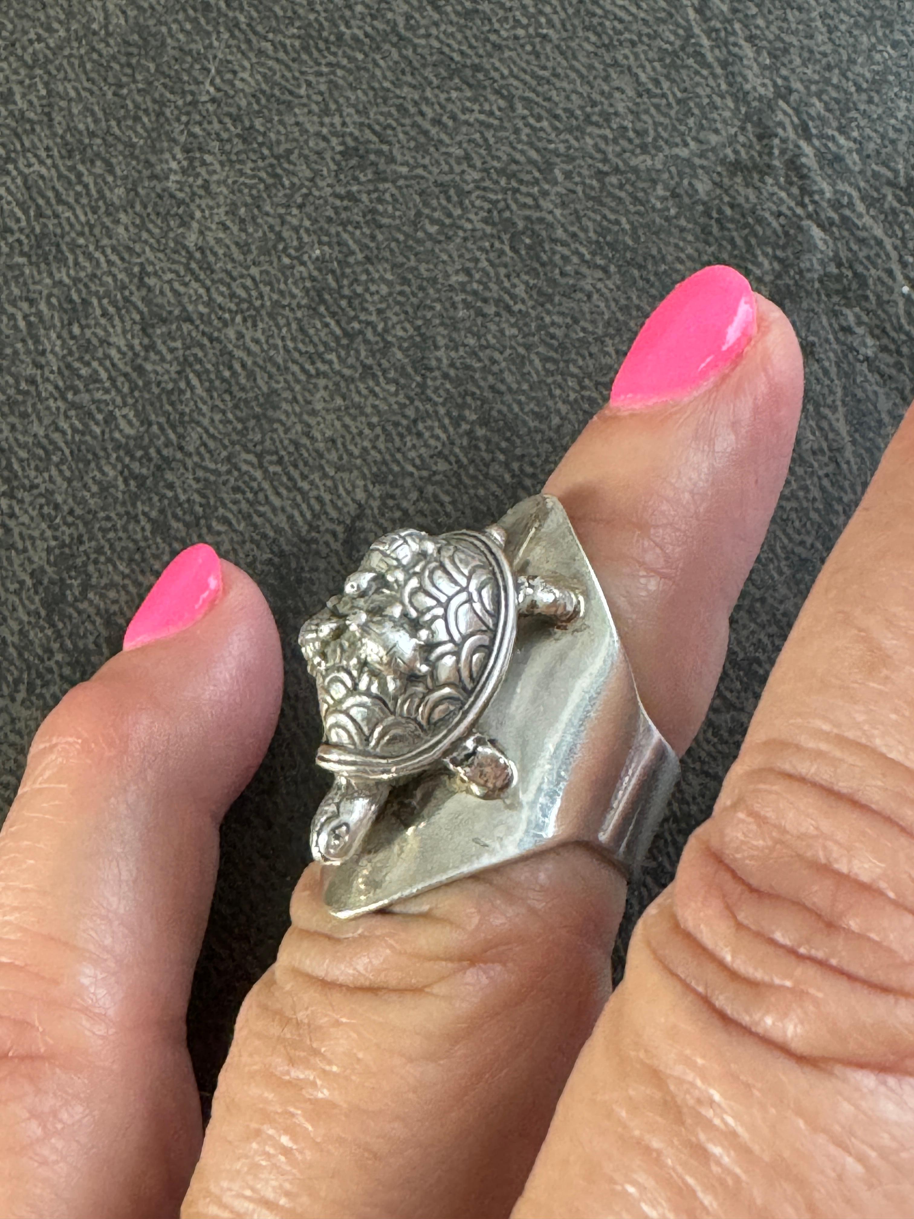 Sterling Silber Schildkröte Ring Carol Felley Cuff Malachit 1990 im Angebot 1