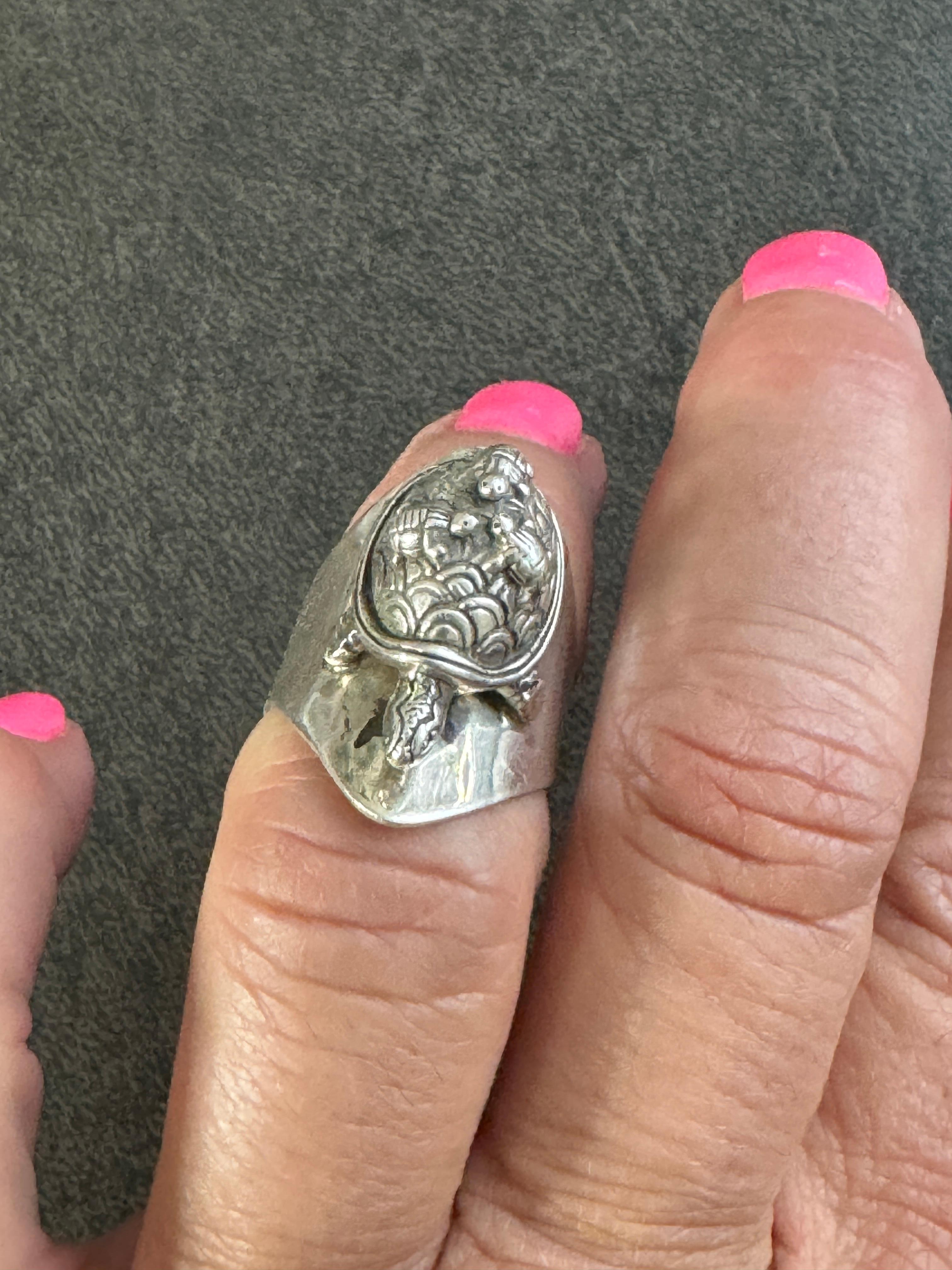 Sterling Silber Schildkröte Ring Carol Felley Cuff Malachit 1990 im Angebot 2