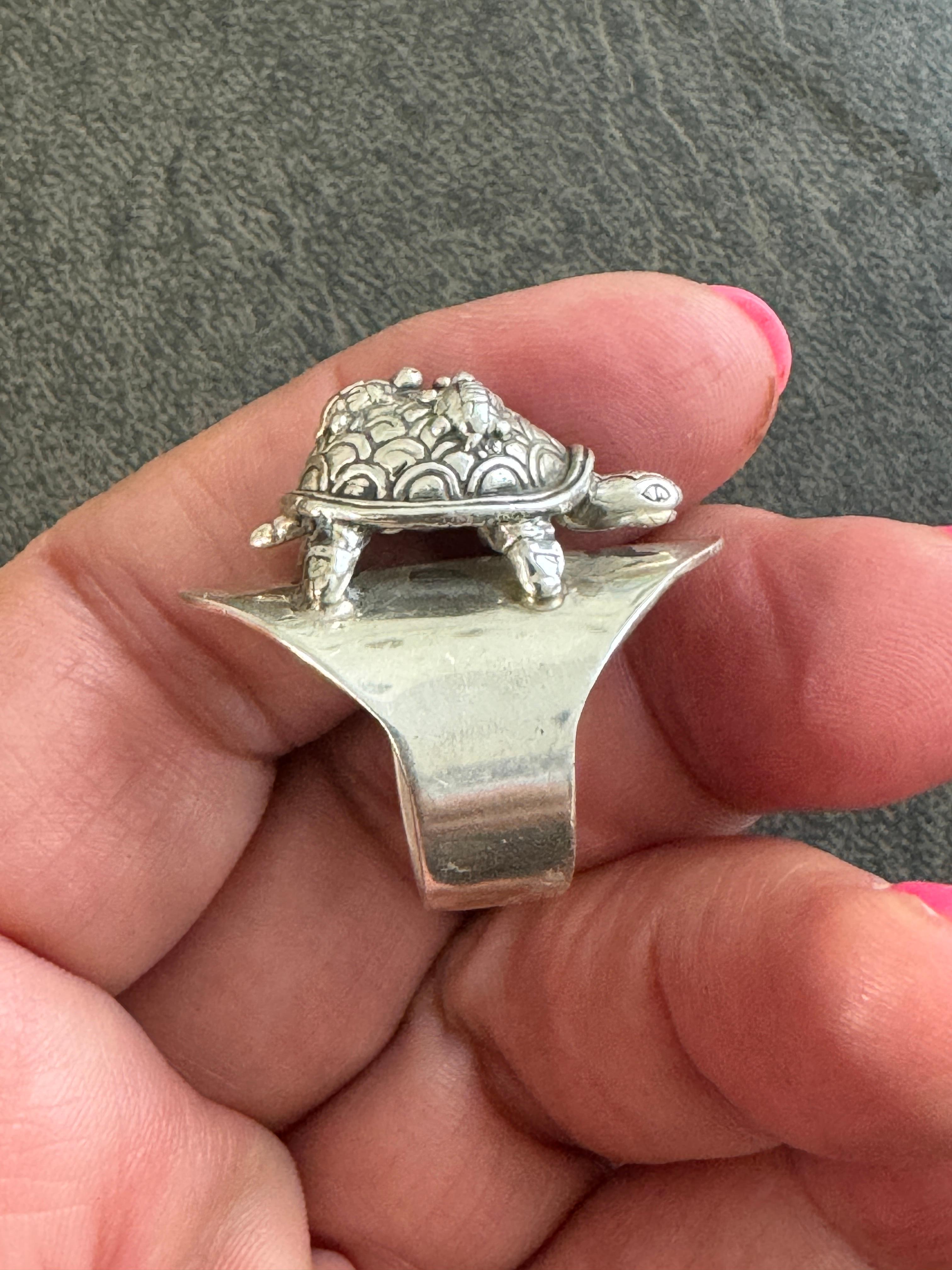 Sterling Silber Schildkröte Ring Carol Felley Cuff Malachit 1990 im Angebot 5